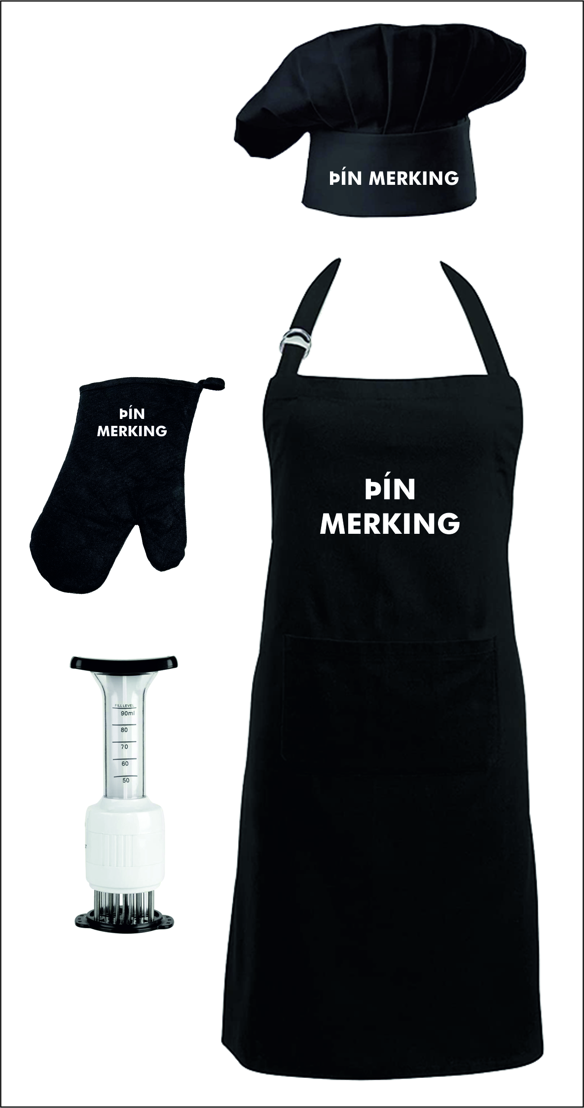 Grillpakki, svunta kokkahúfa, grillhanski